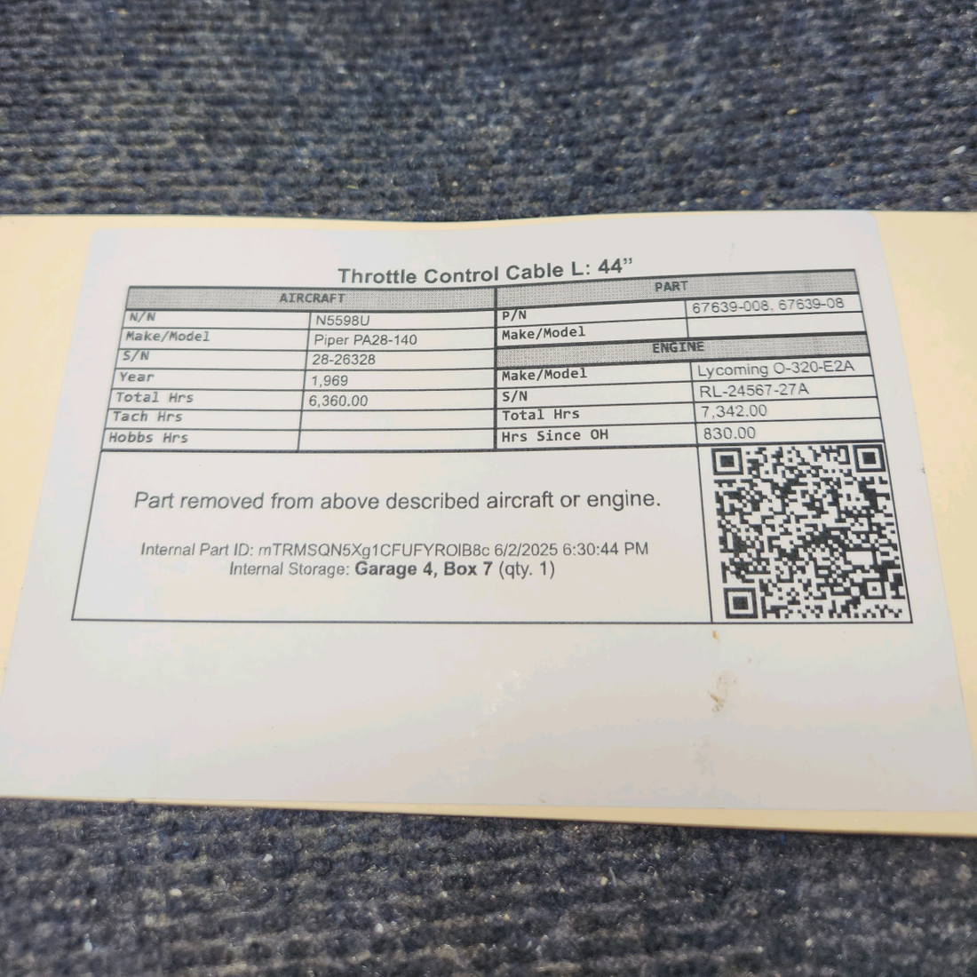 Used aircraft parts for sale, 67639-008 Piper PA28-140 Throttle Control Cable L: 44”