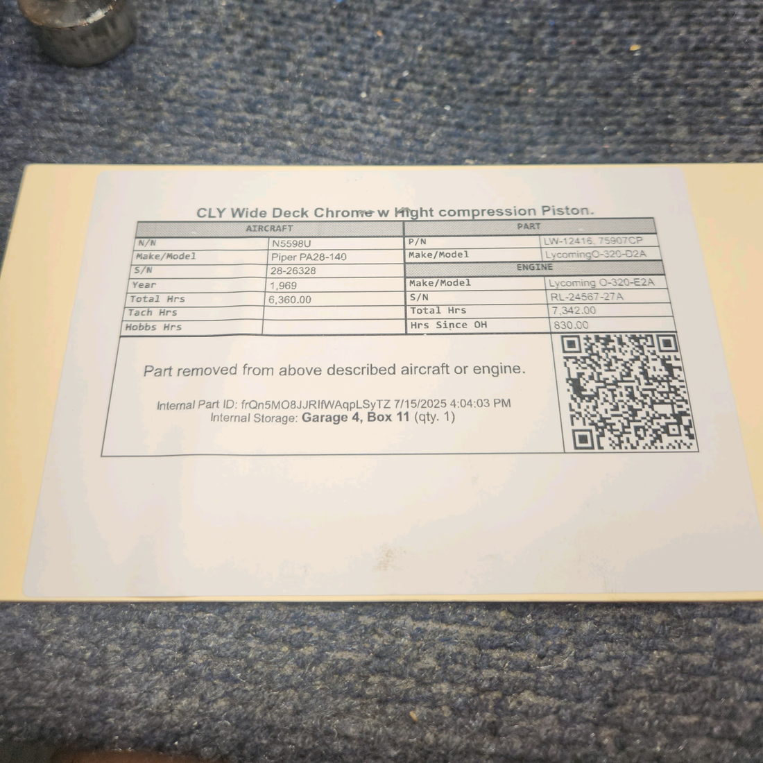 Used aircraft parts for sale, LW-12416 Lycoming O-320-D2A Piper PA28-140 Cylinder Wide Deck Chrome with High-Compression Piston