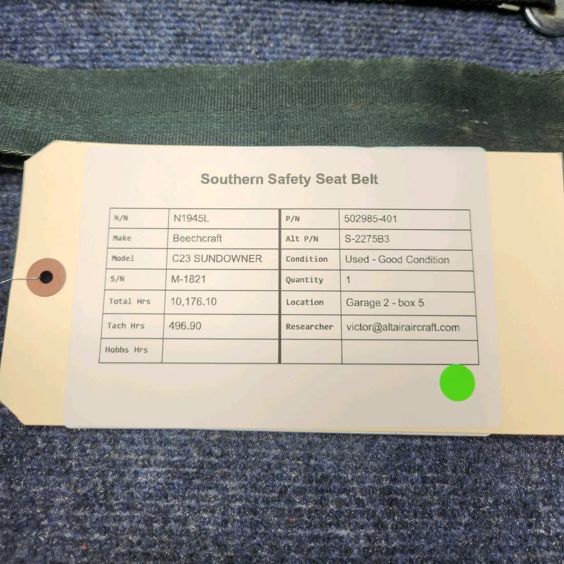 Used aircraft parts for sale, 502985-401 Beechcraft C23 SUNDOWNER SOUTHERN SAFETY SEAT BELT