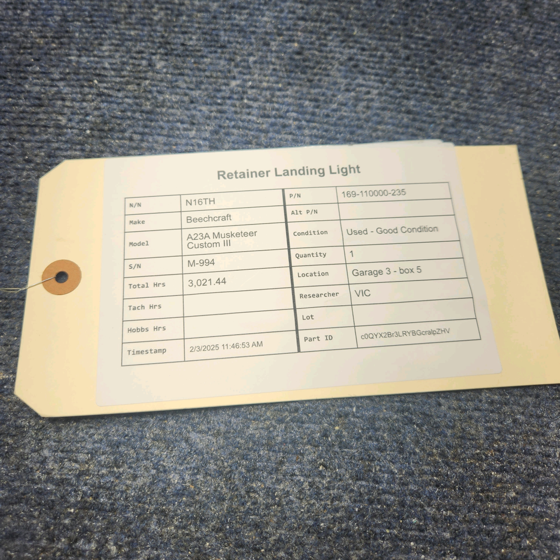 Used aircraft parts for sale, 169-110000-235 Beechcraft A23A Musketeer Custom III RETAINER LANDING LIGHT