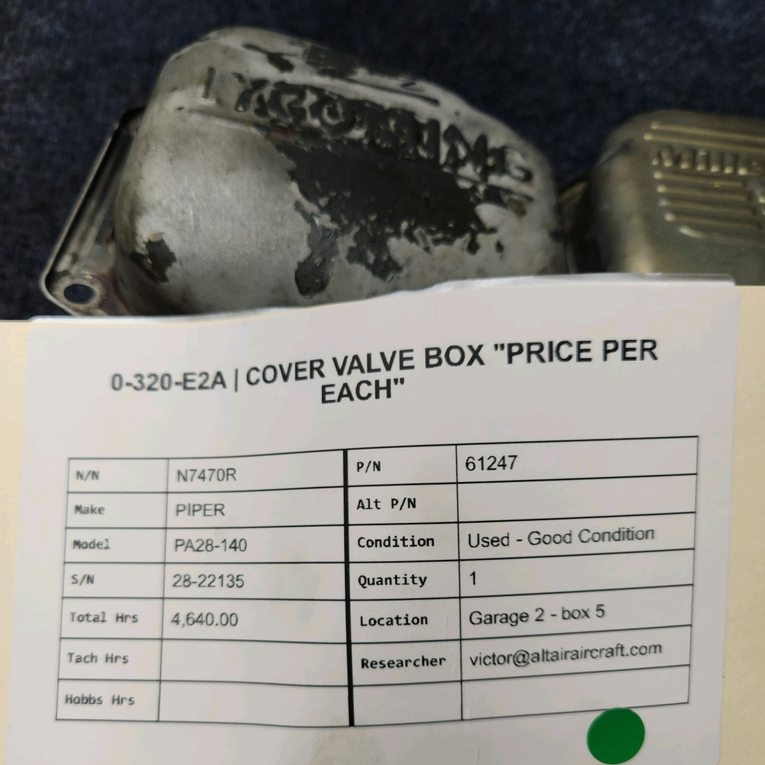 Used aircraft parts for sale, 61247 Lycoming  [part_model] PIPER PA28-140 0-320-E2A COVER VALVE BOX PRICE PER EACH