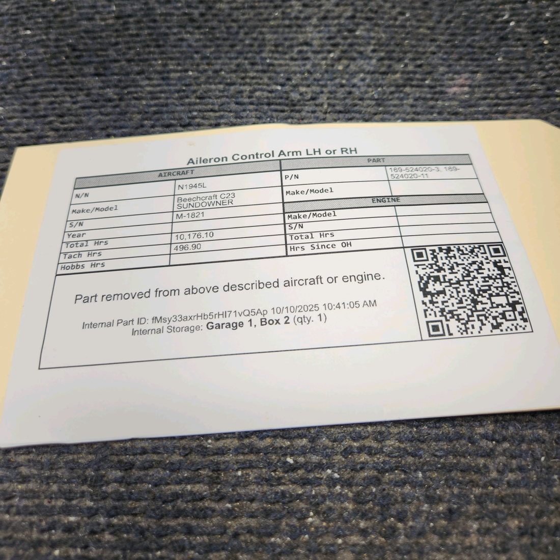 Used aircraft parts for sale, 169-524020-3 Beechcraft C23 SUNDOWNER Aileron Control Arm - LH or RH