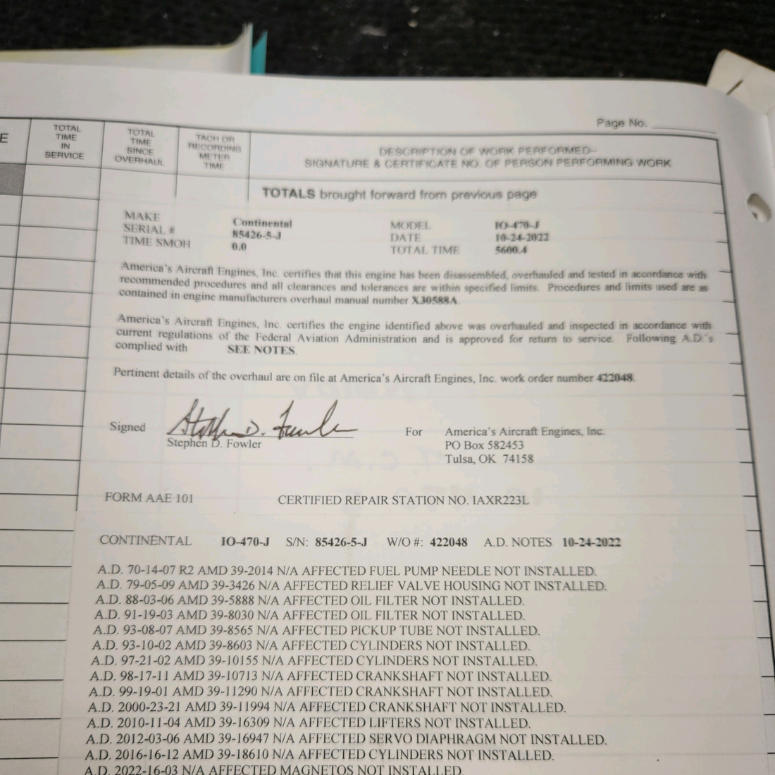 Used aircraft parts for sale, IO-470-J Continental IO-470 Beechcraft 35-33 Aircraft Engine