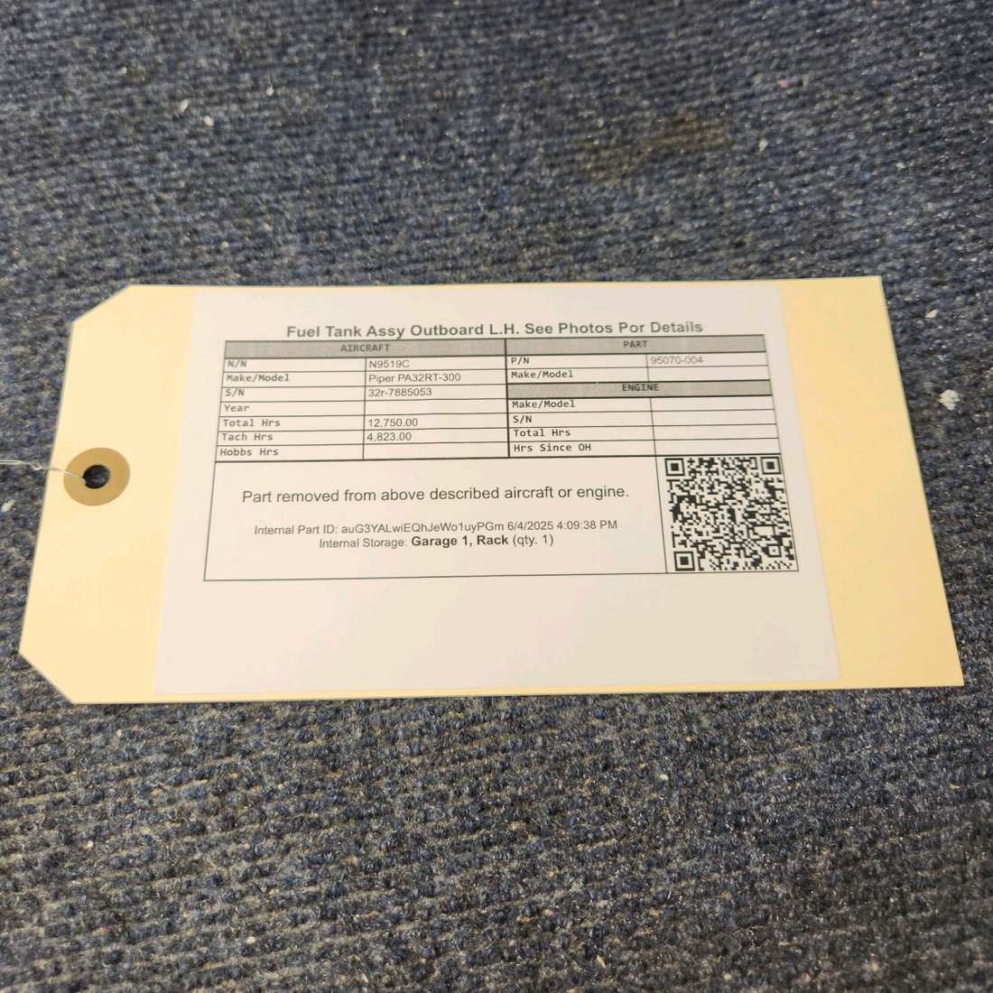 Used aircraft parts for sale, 95070-004 Piper PA32RT-300 Fuel Tank Assy Outboard- LH - See Photos Por Details