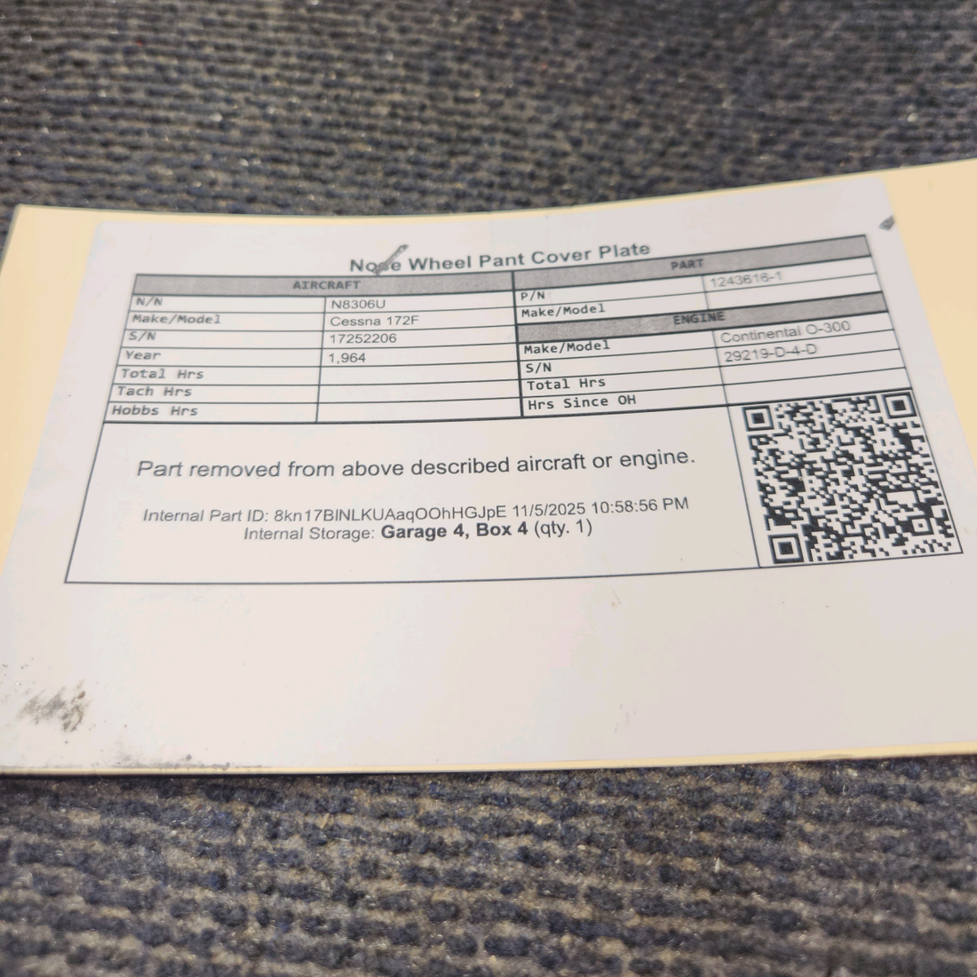 Used aircraft parts for sale, 1243616-1 Cessna 172F Nose Wheel Pant Cover Plate