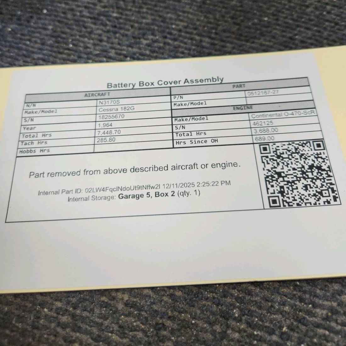 Used aircraft parts for sale, 0512167-27 Cessna 182G Battery Box Cover Assembly