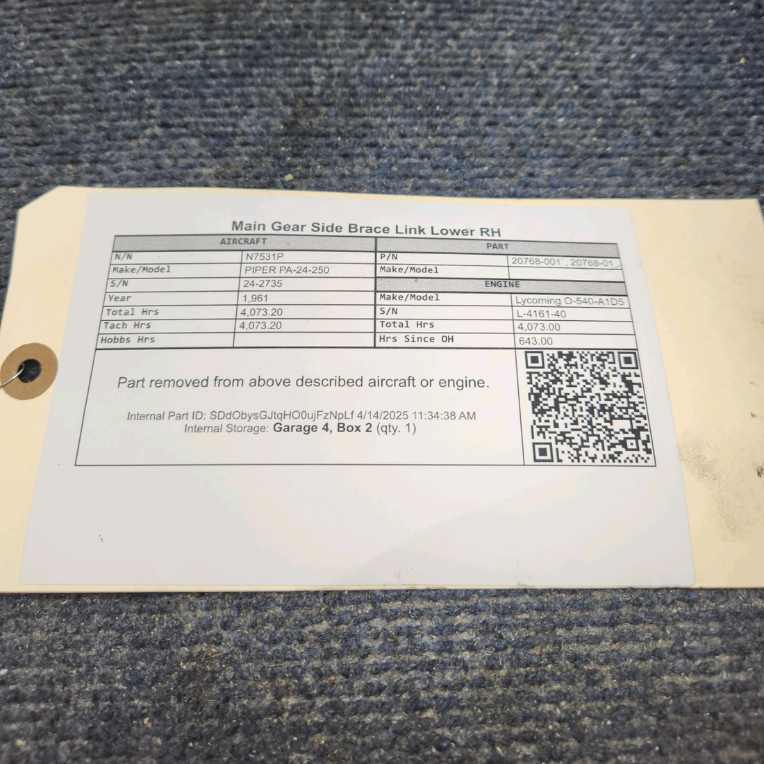 Used aircraft parts for sale, 20768-001` PIPER PA-24-250 Main Gear Side Brace Link Lower RH