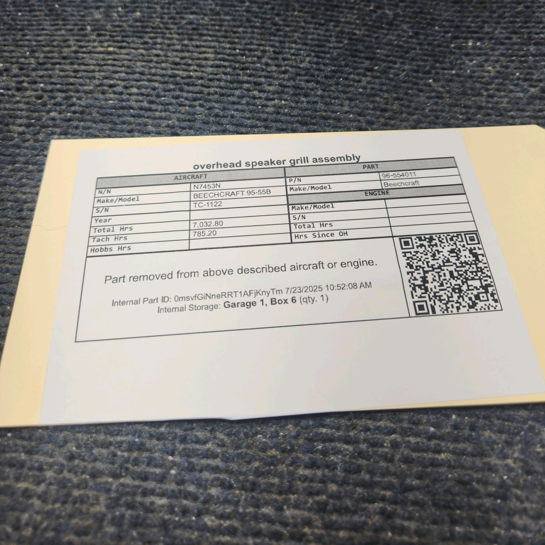 Used aircraft parts for sale, 96‑554011 BEECHCRAFT 95-55B Overhead Speaker Grill Assembly