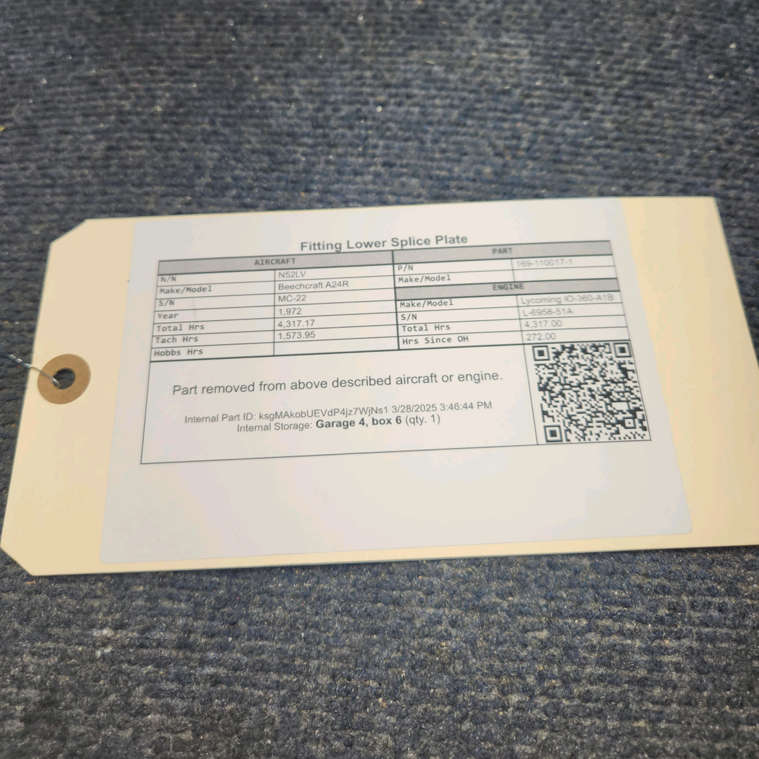 Used aircraft parts for sale, 169-110017-1 Beechcraft A24R Fitting Lower Splice Plate