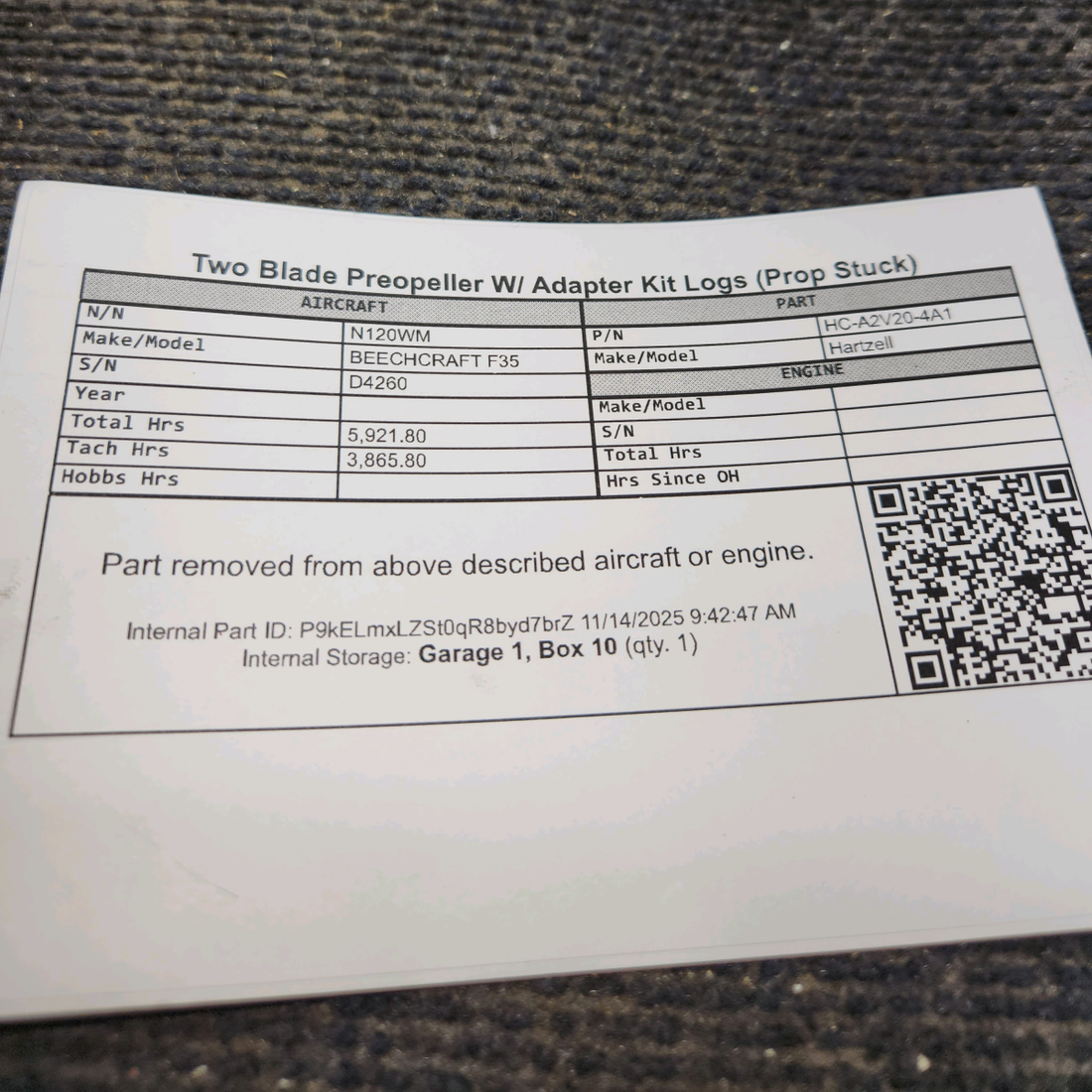 Used aircraft parts for sale, HC-A2V20-4A1 Hartzell BEECHCRAFT F35 Two Blade Preopeller W/ Adapter Kit Logs  (Prop Stuck)