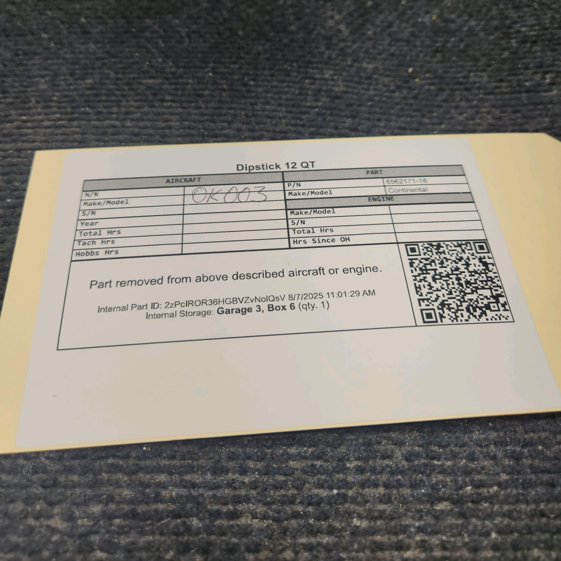 Used aircraft parts for sale, 656171-16 Continental Dipstick 12 QT