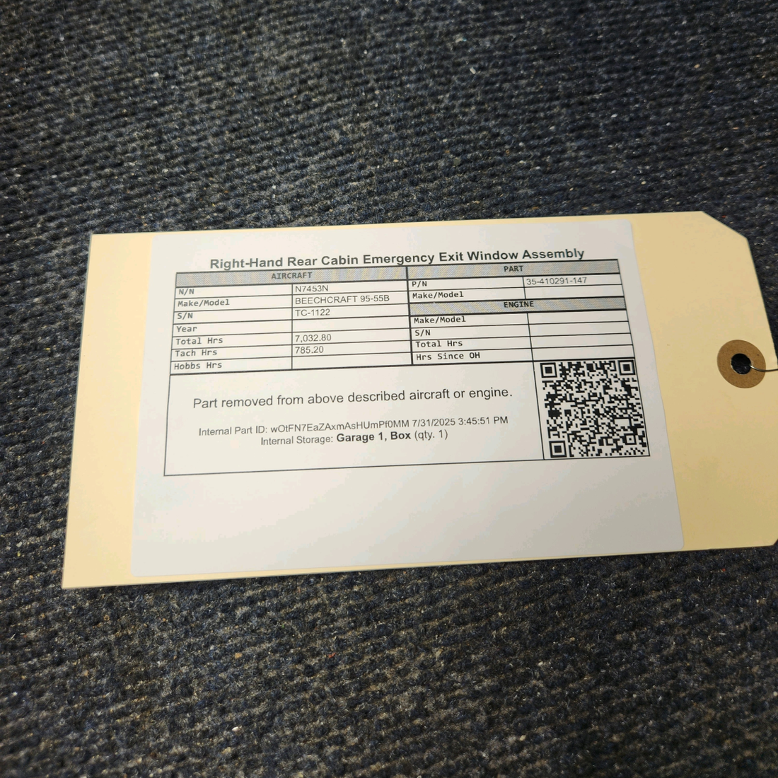 Used aircraft parts for sale, 35-410291-147 BEECHCRAFT 95-55B Cabin Rear Window Assembly - RH