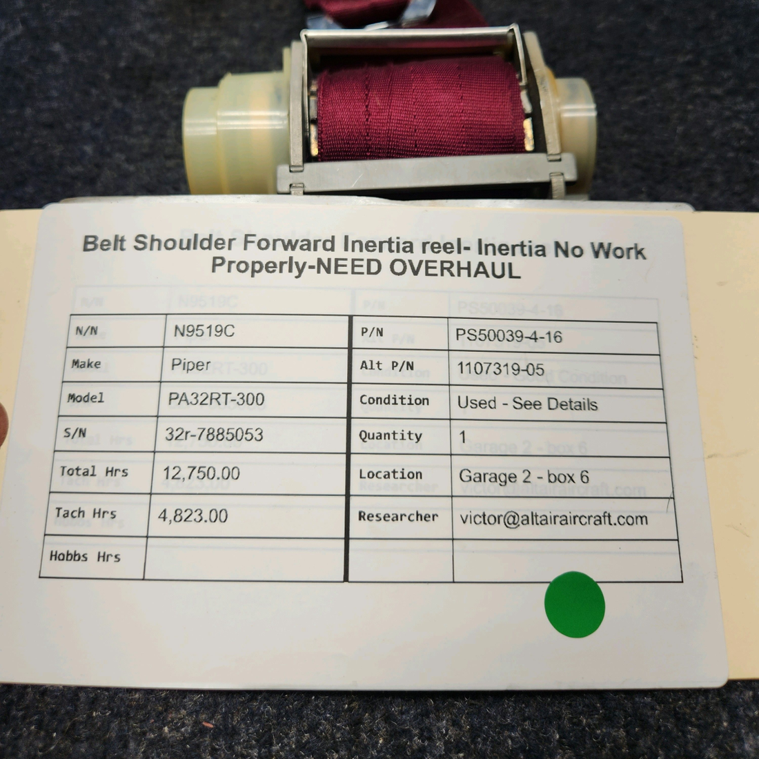 Used aircraft parts for sale, PS50039-4-16 Piper PA32RT-300 BELT SHOULDER FORWARD INERTIA REEL