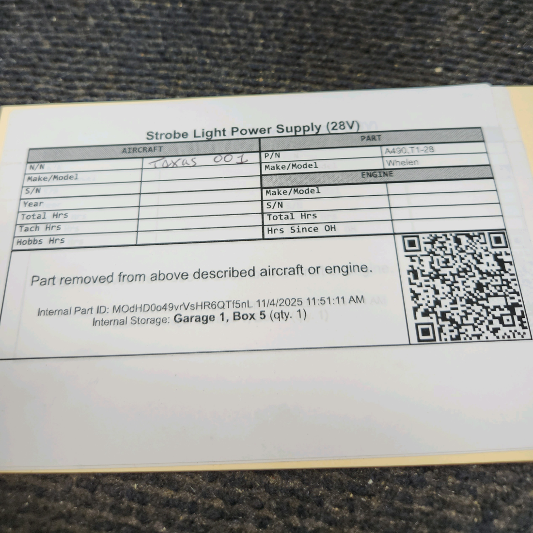 Used aircraft parts for sale, A490,T1-28 Whelen Strobe Light Power Supply (28V)