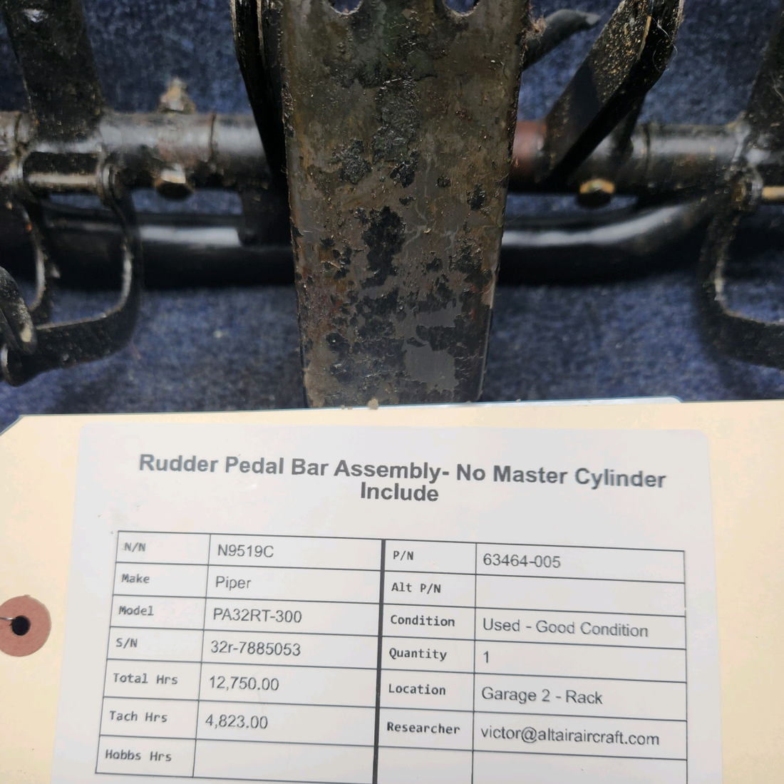 Used aircraft parts for sale, 63464-005 Piper PA32RT-300 RUDDER PEDAL BAR ASSEMBLY NO MASTER CYLINDER INCLUDE