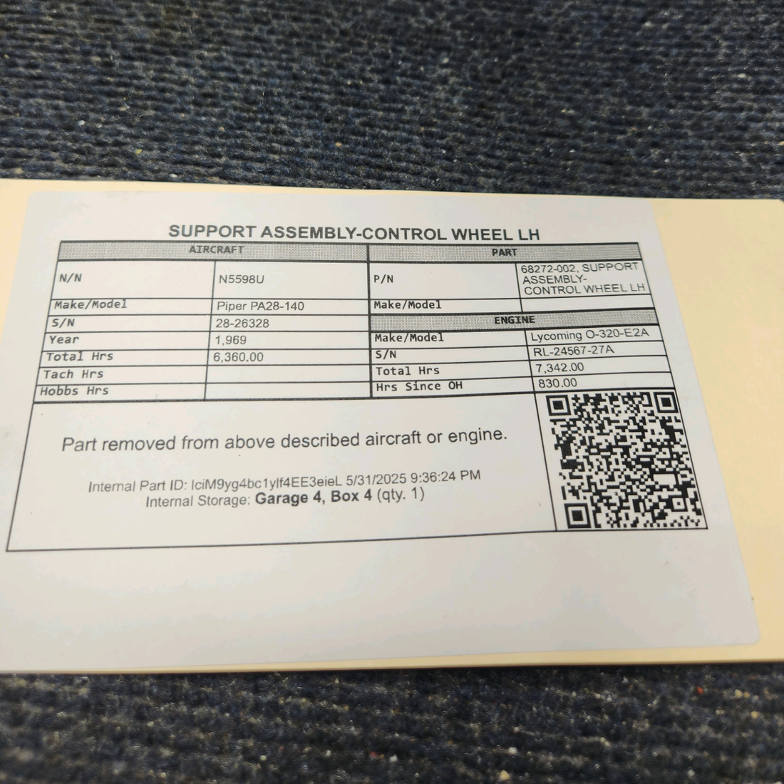 Used aircraft parts for sale, 68272-002 Piper PA28-140 Plate & Bushing Assy Yoke