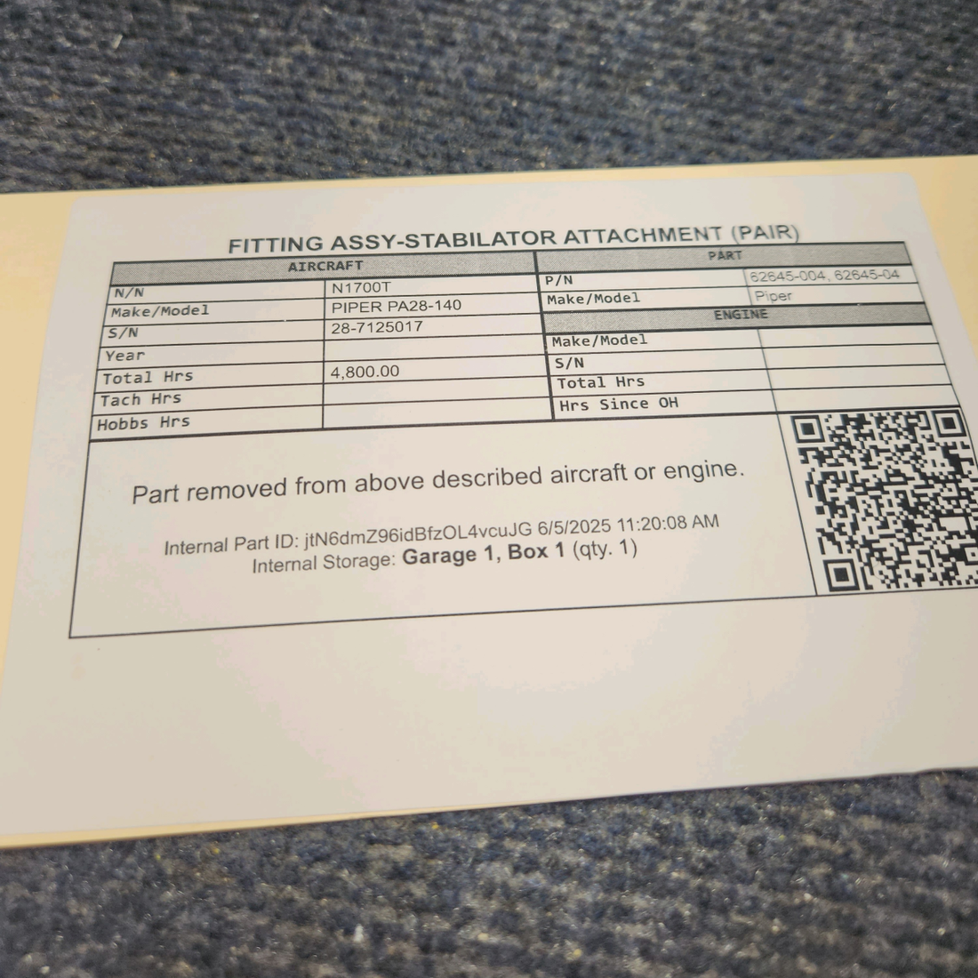 Used aircraft parts for sale, 62645-004 PIPER PA28-140 Stabilator Attachment Fitting Assembly (Pair)