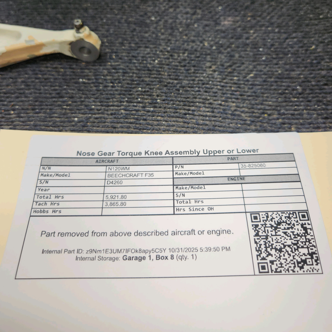 Used aircraft parts for sale, 35-825060 BEECHCRAFT F35 Nose Gear Torque Knee Assembly Upper or Lower