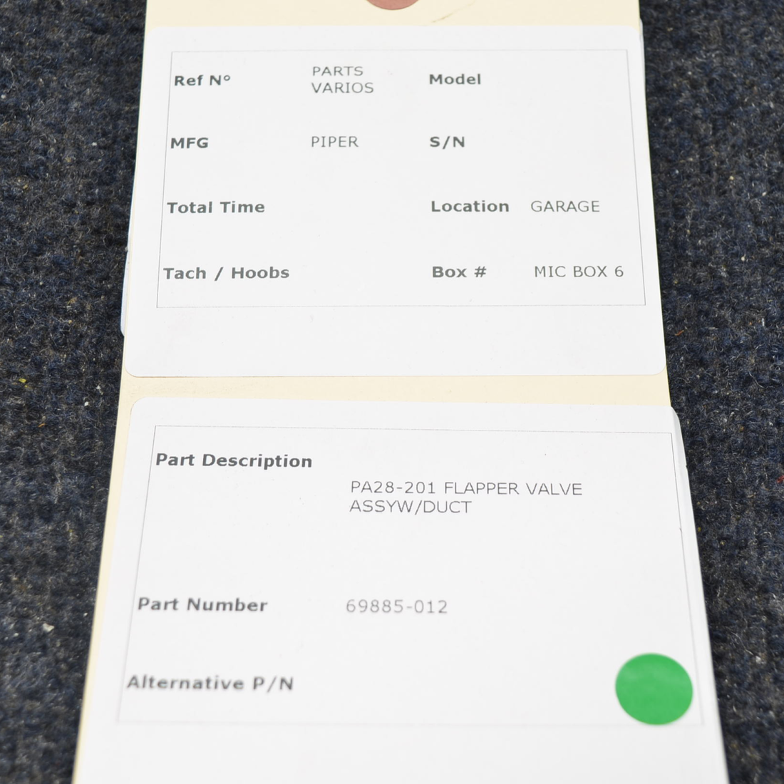 Used aircraft parts for sale, 69885-12 PIPER PA28RT-201 FLAPPER VALVE ASSY WITH DUCT