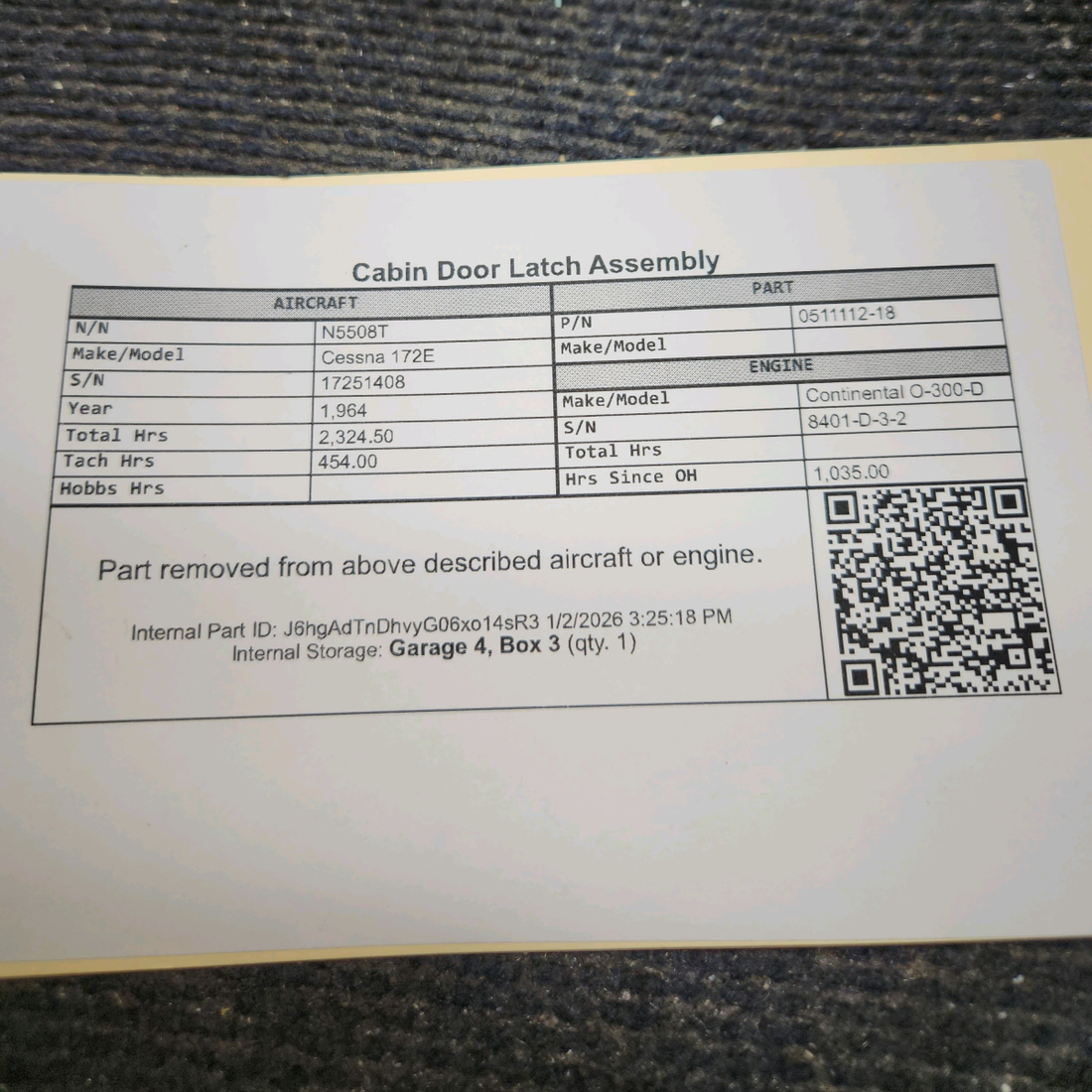 Used aircraft parts for sale, 0511112-18 Cessna 172E Cabin Door Latch Assembly