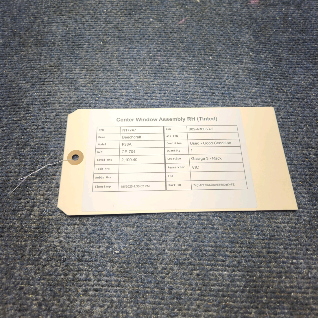 Used aircraft parts for sale, 002-430053-2 Beechcraft F33A CENTER WINDOW ASSEMBLY RH (TINTED)