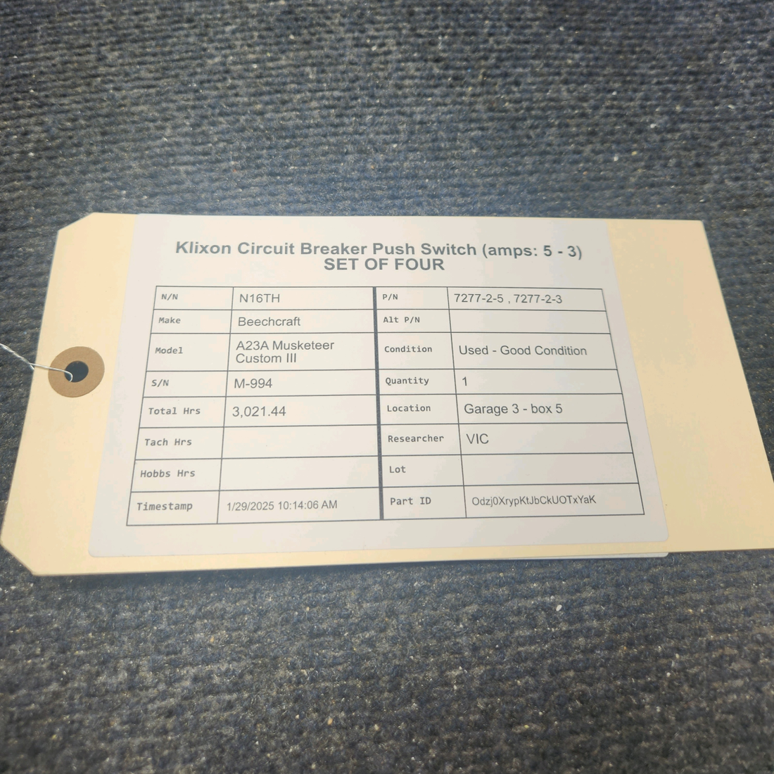 Used aircraft parts for sale, 7277-2-5 , 7277-2-3 klixon 7277 Beechcraft A23A Musketeer Custom III CIRCUIT BREAKER PUSH SWITCH (AMPS: 5 - 3) SET OF FOUR