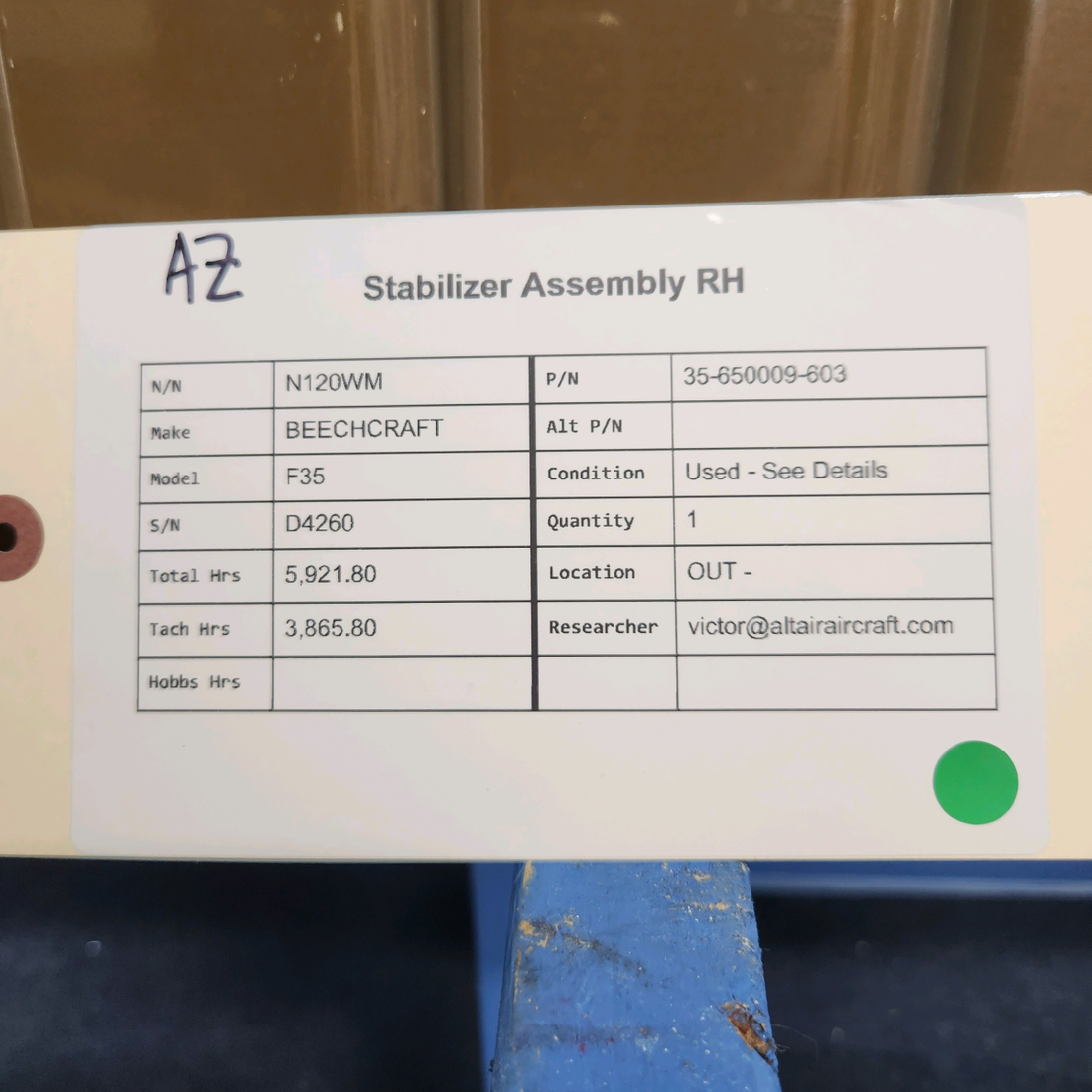 Used aircraft parts for sale, 35-650009-603 BEECHCRAFT F35 STABILIZER ASSEMBLY RH