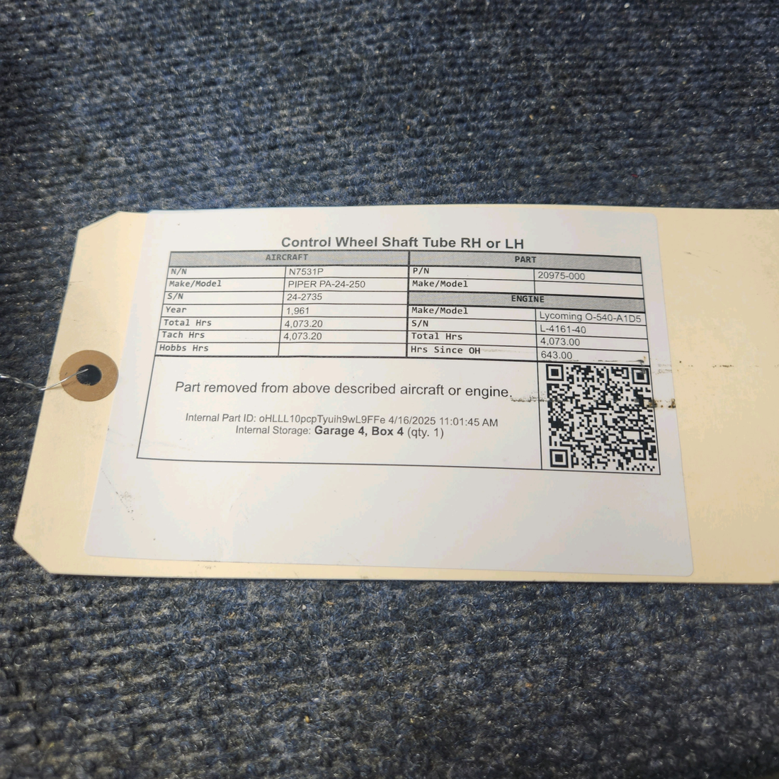 Used aircraft parts for sale, 20975-000 PIPER PA-24-250 Control Wheel Shaft Tube RH or LH