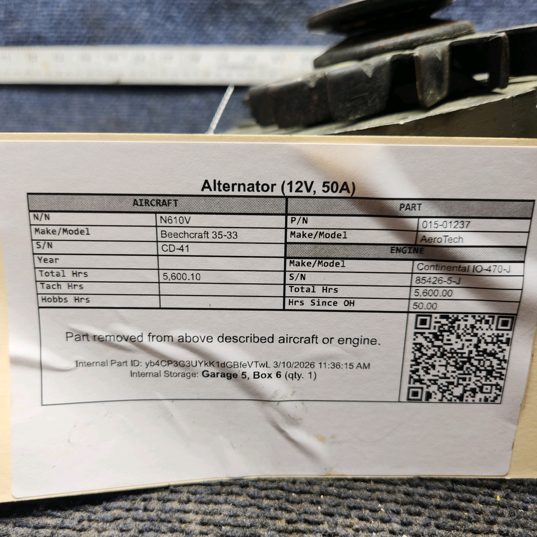 Used aircraft parts for sale, 015-01237 AeroTech Beechcraft 35-33 Alternator (12V, 50A)