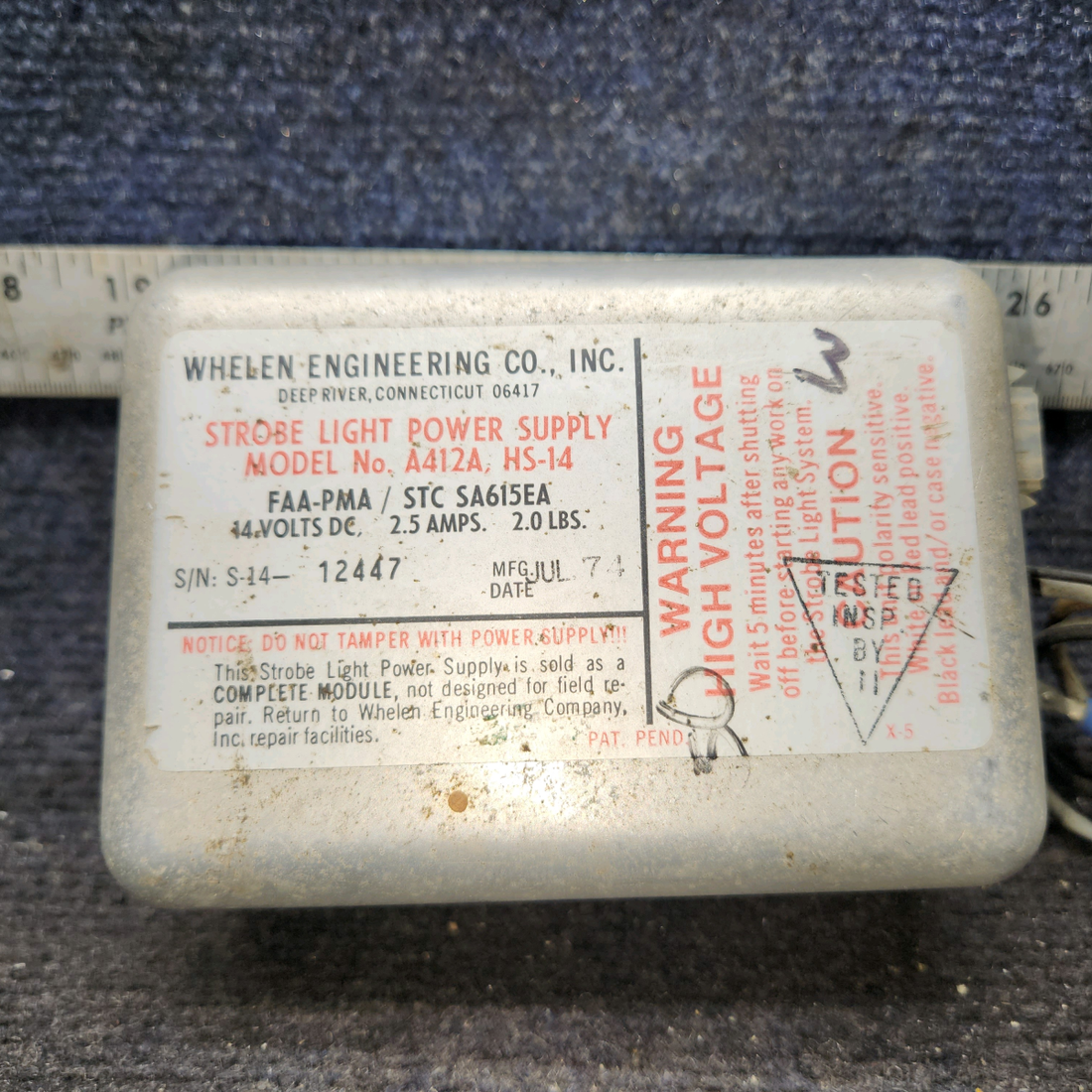 Used aircraft parts for sale, A412A.HS-14 Whelen A412A Strobe Light Power Supply (14V)
