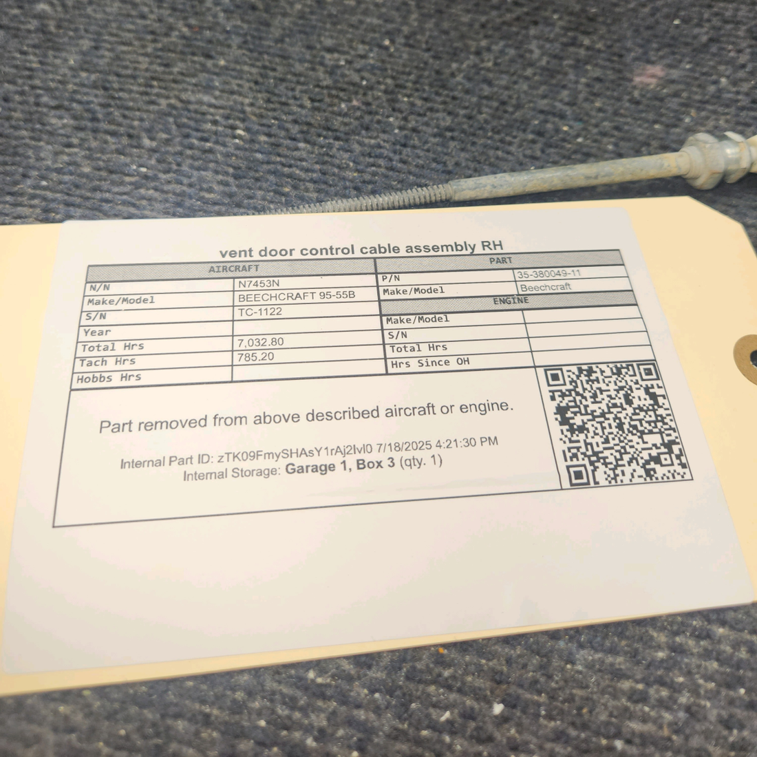 Used aircraft parts for sale, 35-380049-11 BEECHCRAFT 95-55B Vent Door Cable Assy - RH