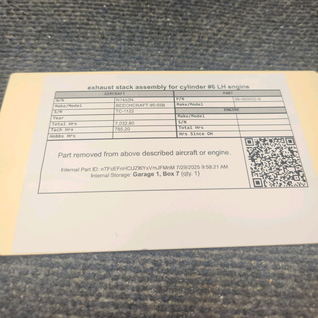 Used aircraft parts for sale, 96-950002-9 BEECHCRAFT 95-55B Exhaust Stack Assembly – Cylinder #6, LH Engine