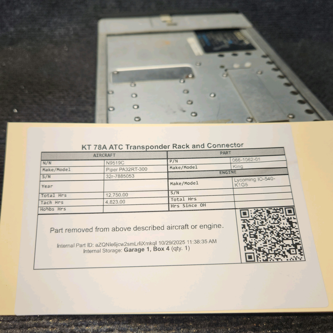 Used aircraft parts for sale, 066-1062-01 King KT 78A Piper PA32RT-300 ATC Transponder