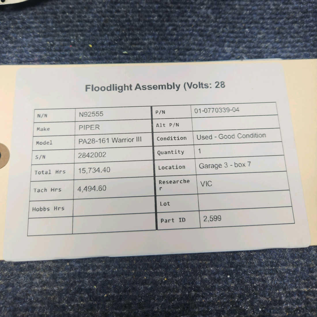 Used aircraft parts for sale, 01-0770339-04 PIPER PA28-161 Warrior III FLOODLIGHT ASSEMBLY (VOLTS: 28