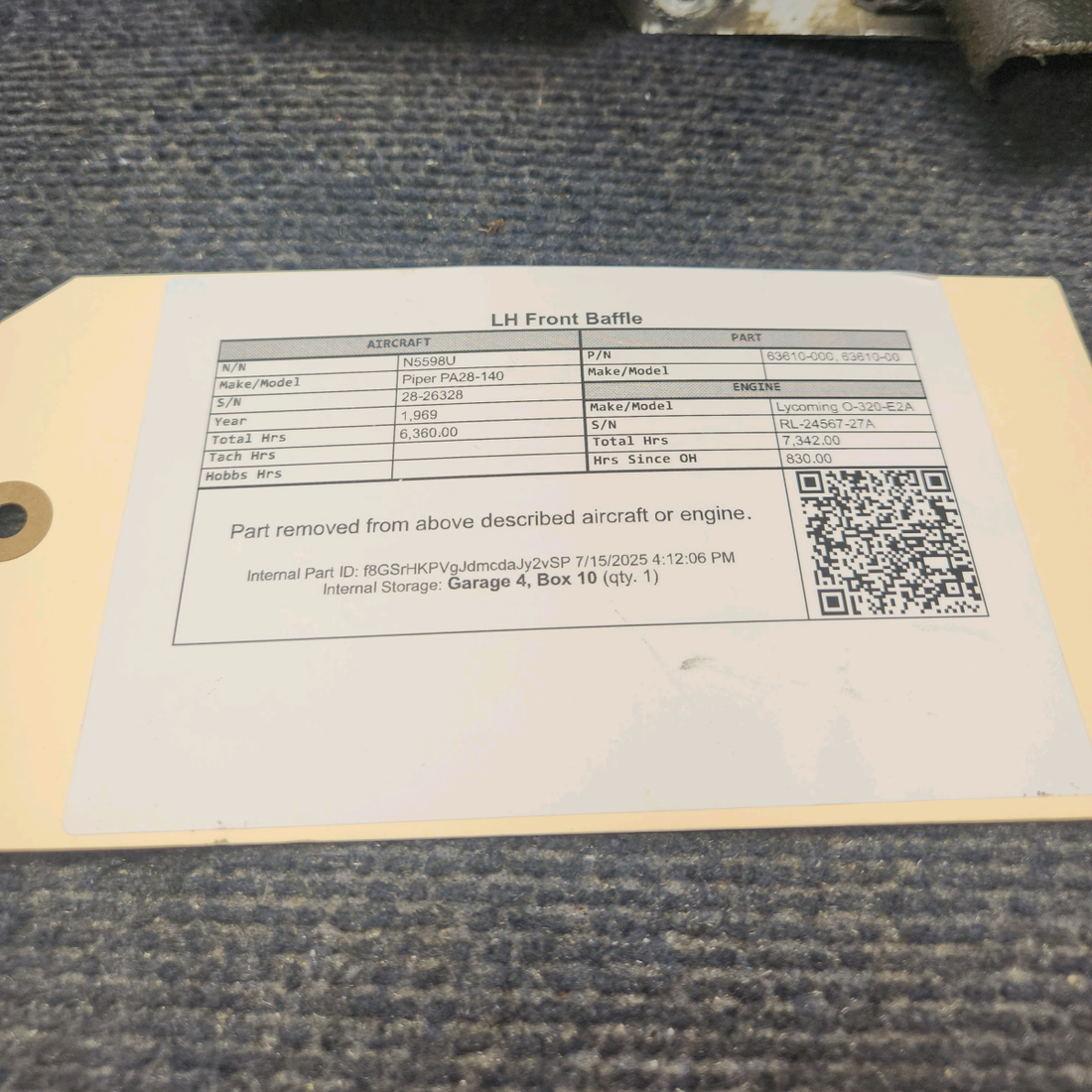 Used aircraft parts for sale, 63610-000 Lycoming O-320 Piper PA28-140 Front Baffle - LH