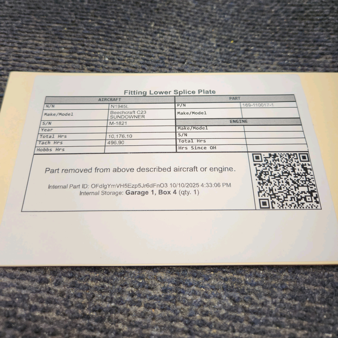 Used aircraft parts for sale, 169-110017-1 Beechcraft C23 SUNDOWNER Lower Splice Plate Fitting