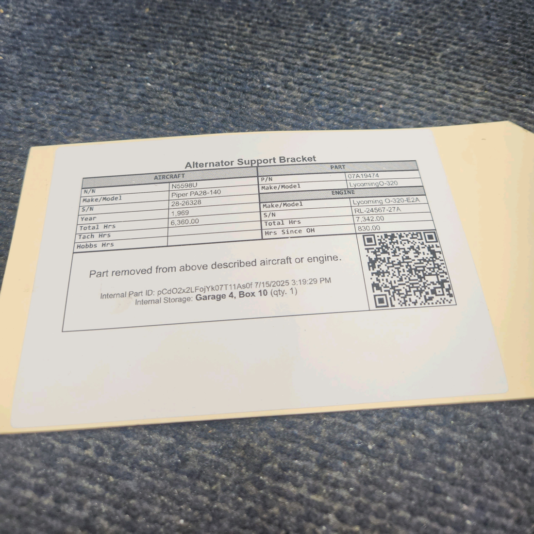 Used aircraft parts for sale, 07A19474 Lycoming O-320 Piper PA28-140 Alternator Support Bracket