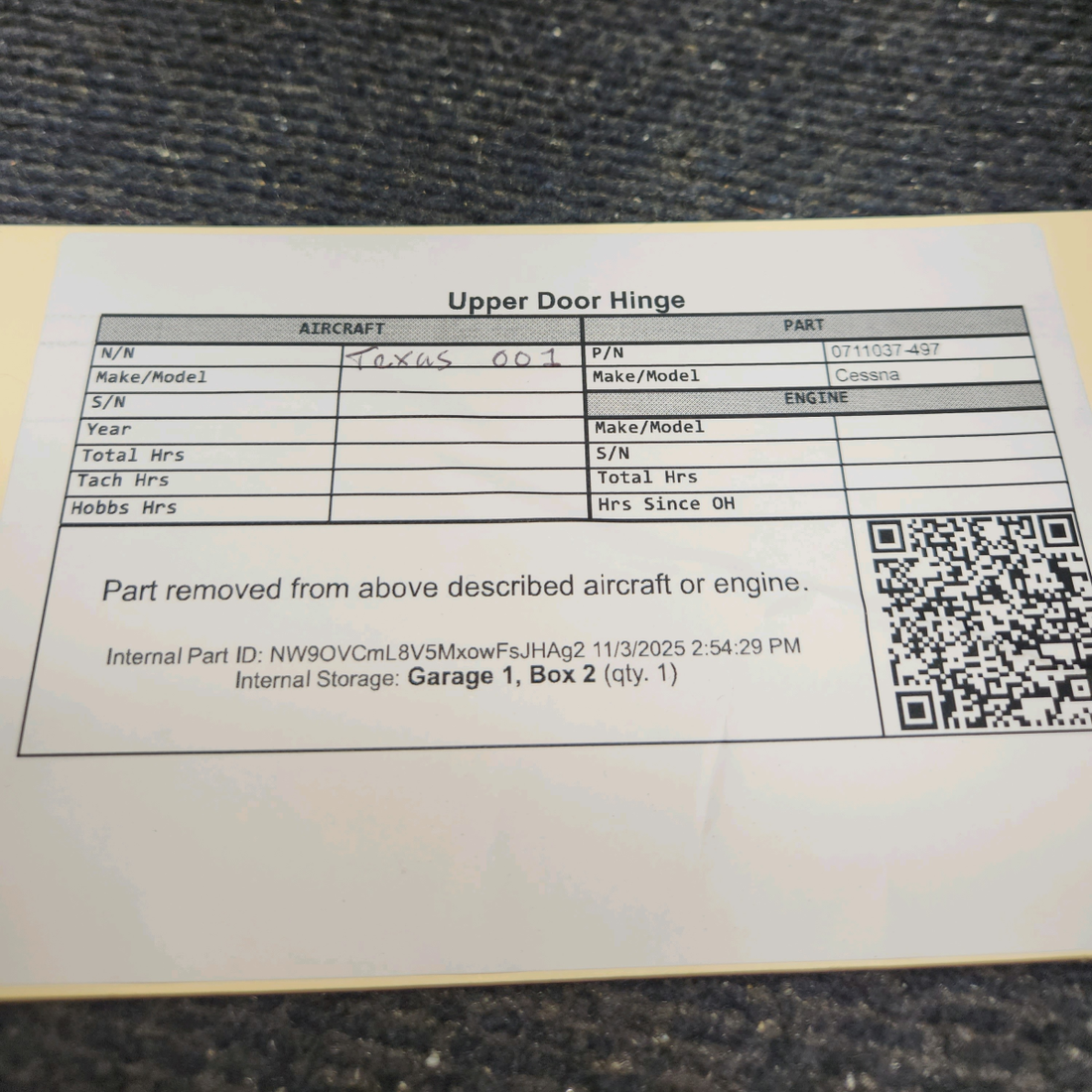 Used aircraft parts for sale, 0711037-497 Cessna Upper Door Hinge