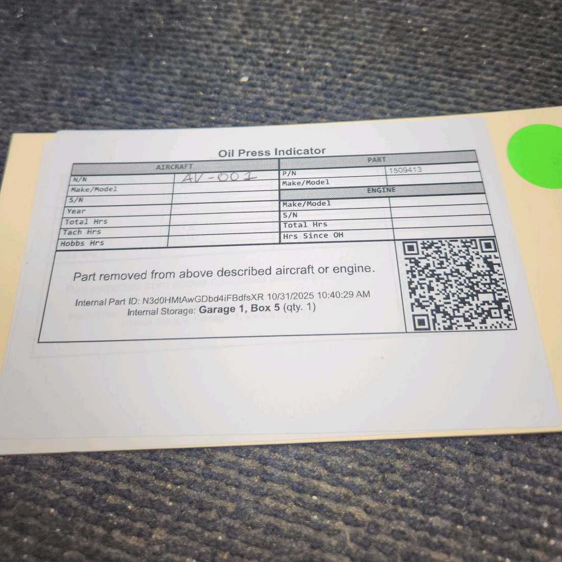 Used aircraft parts for sale, 1509413 Continental, Lycoming Oil Press Indicator
