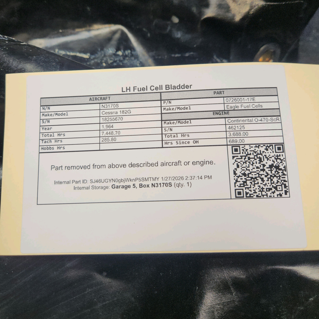 Used aircraft parts for sale, 0726001-17E Eagle Fuel Cells Cessna 182G Fuel Cell Bladder LH