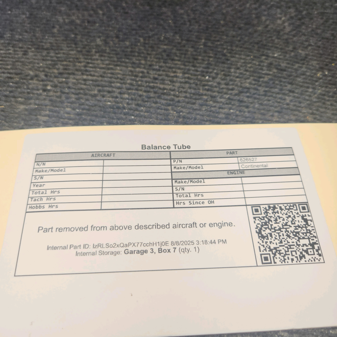 Used aircraft parts for sale, 626527 Continental Balance Tube