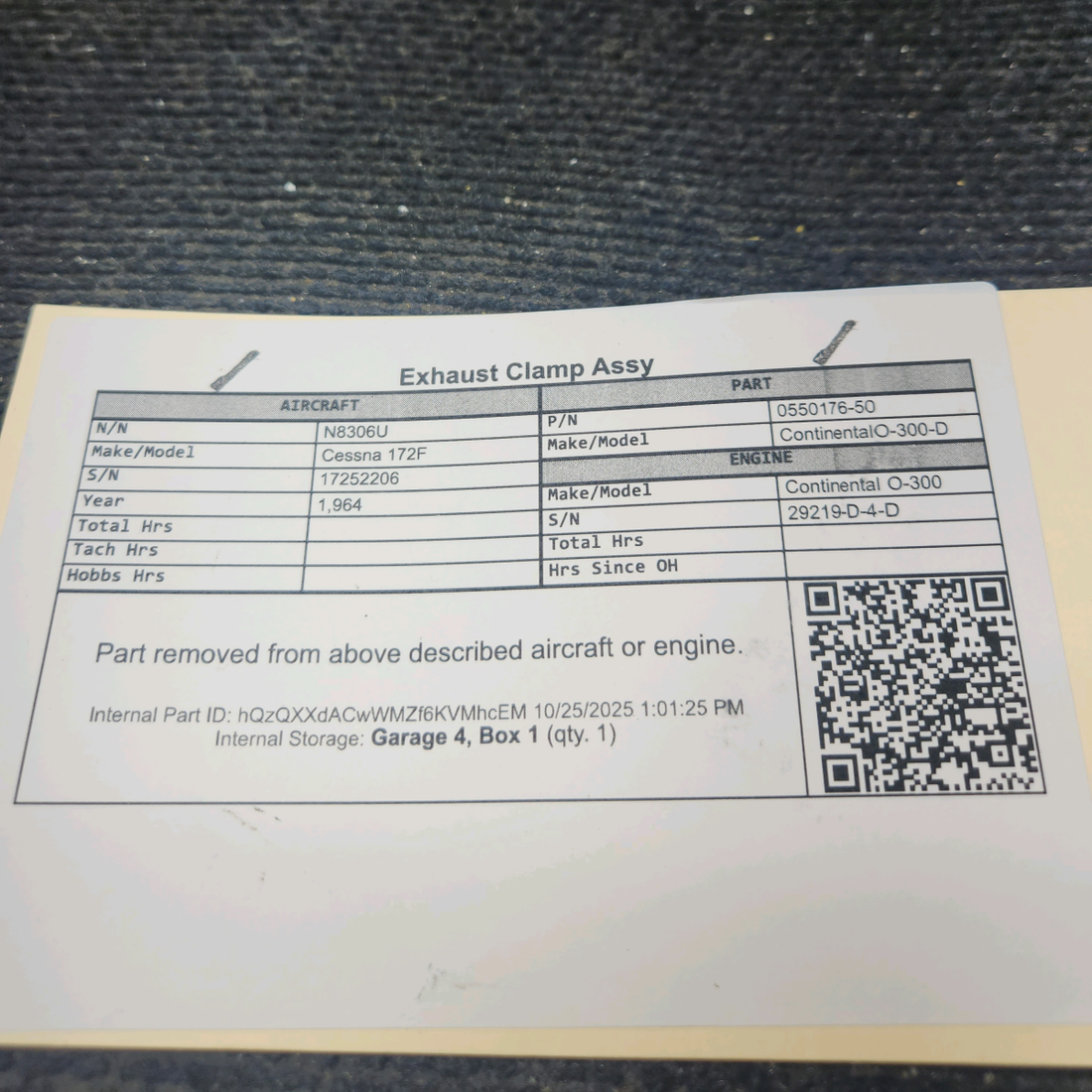 Used aircraft parts for sale, 0550176-50 Continental O-300-D Cessna 172F Exhaust Clamp Assy