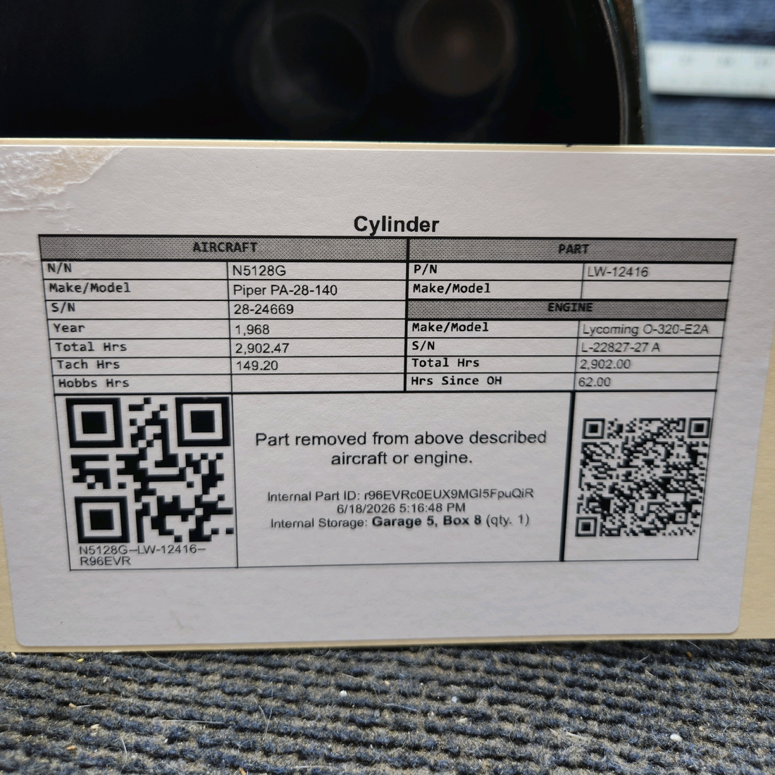Used aircraft parts for sale, LW-12416 Piper PA-28-140 Cylinder