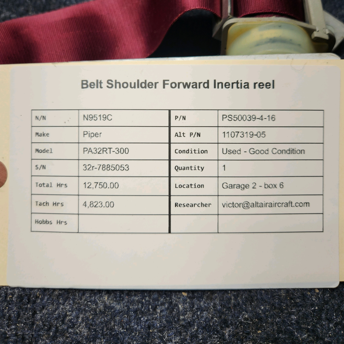 Used aircraft parts for sale, PS50039-4-16 Piper PA32RT-300 BELT SHOULDER FORWARD INERTIA REEL- INERTIA NO WORK PROPERLY-NEED OVERHAUL