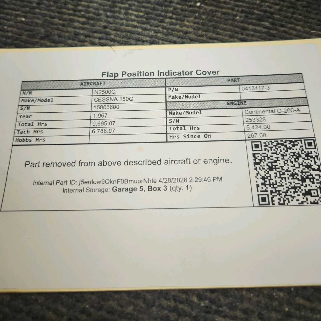 Used aircraft parts for sale, 0413417-3 cessna 150G Flap Position Indicator Cover