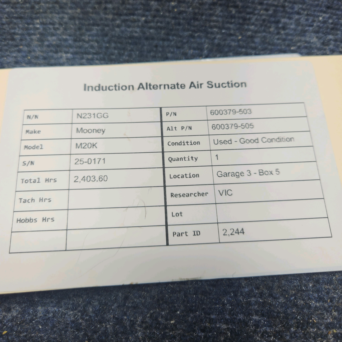 Used aircraft parts for sale, 600379-503 Mooney M20K INDUCTION ALTERNATE AIR SUCTION