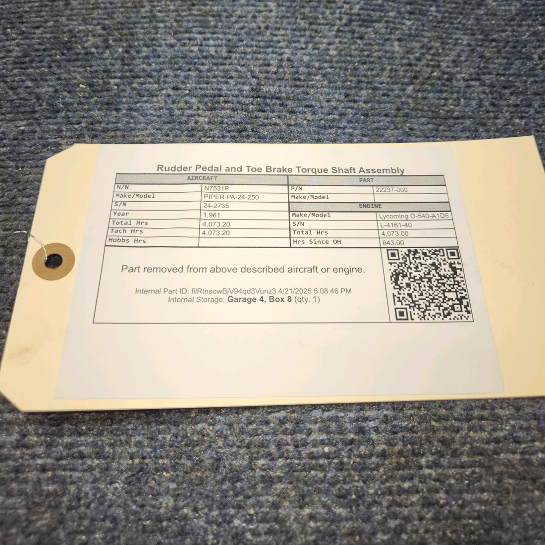 Used aircraft parts for sale, 22237-000 PIPER PA-24-250 Rudder Pedal and Toe Brake Torque Shaft Assembly