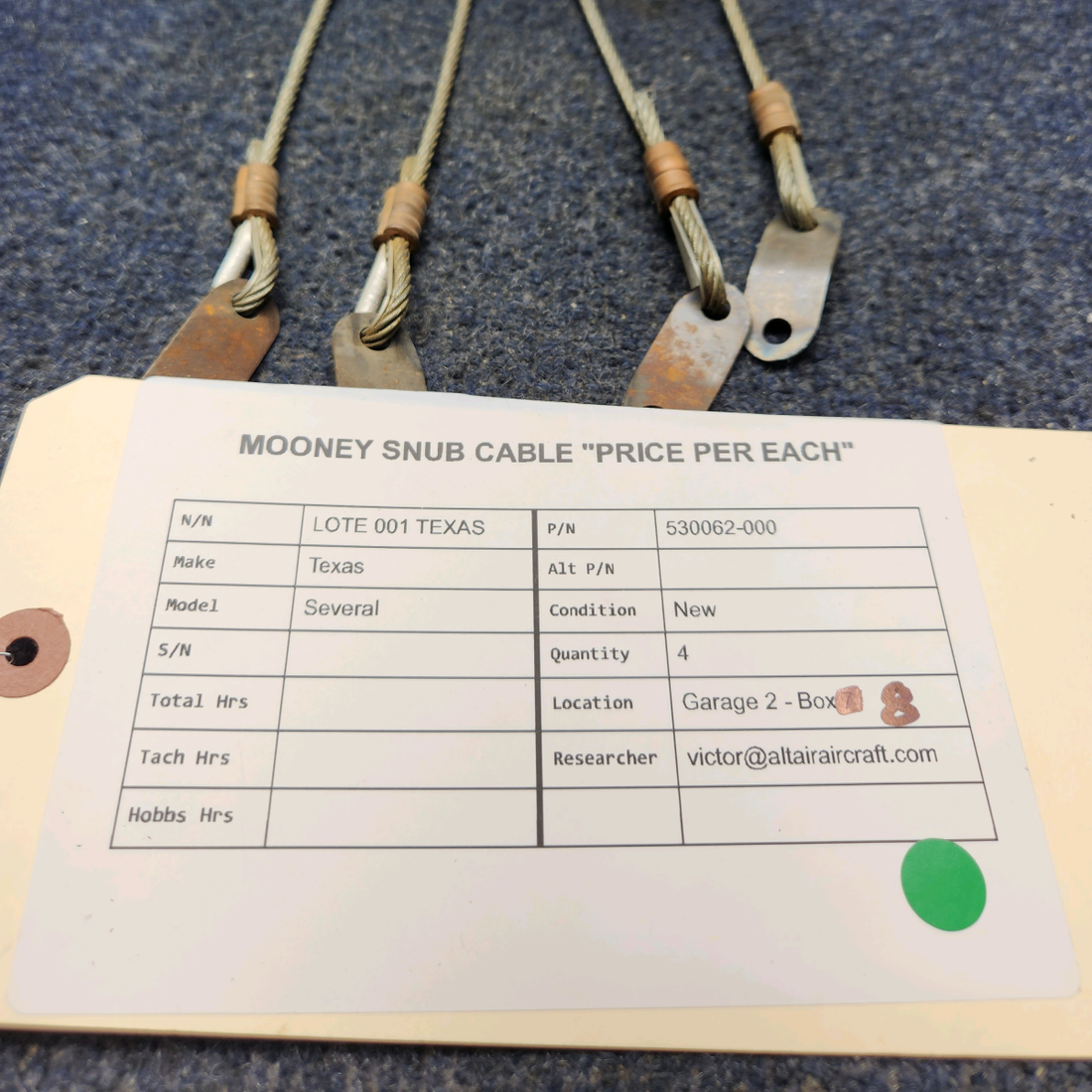Used aircraft parts for sale, 530062-000 Mooney Texas Several SNUB CABLE "PRICE PER EACH"