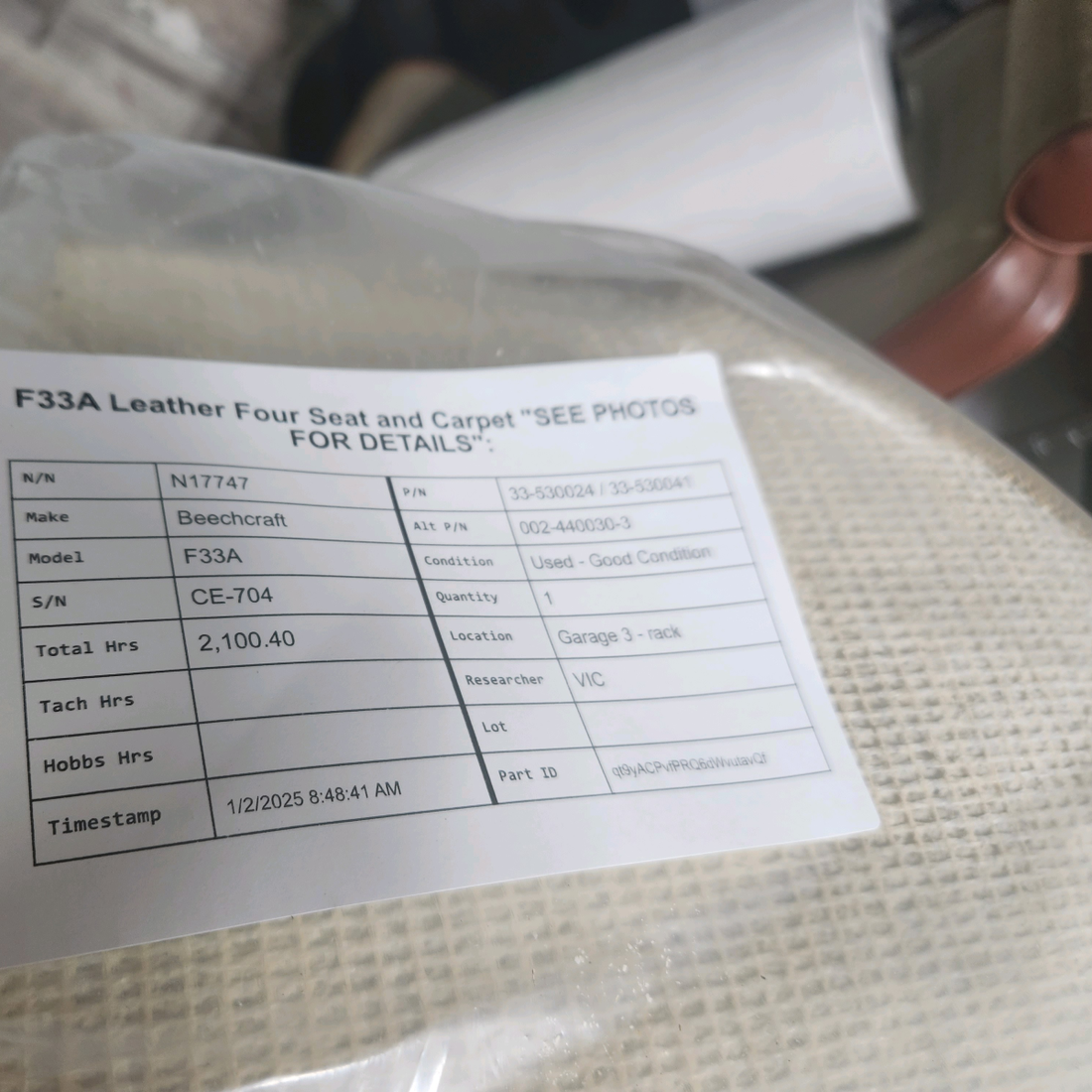 Used aircraft parts for sale, 33-530024 / 33-530041 Beechcraft F33A F33A LEATHER FOUR SEAT AND CARPET "SEE PHOTOS FOR DETAILS":