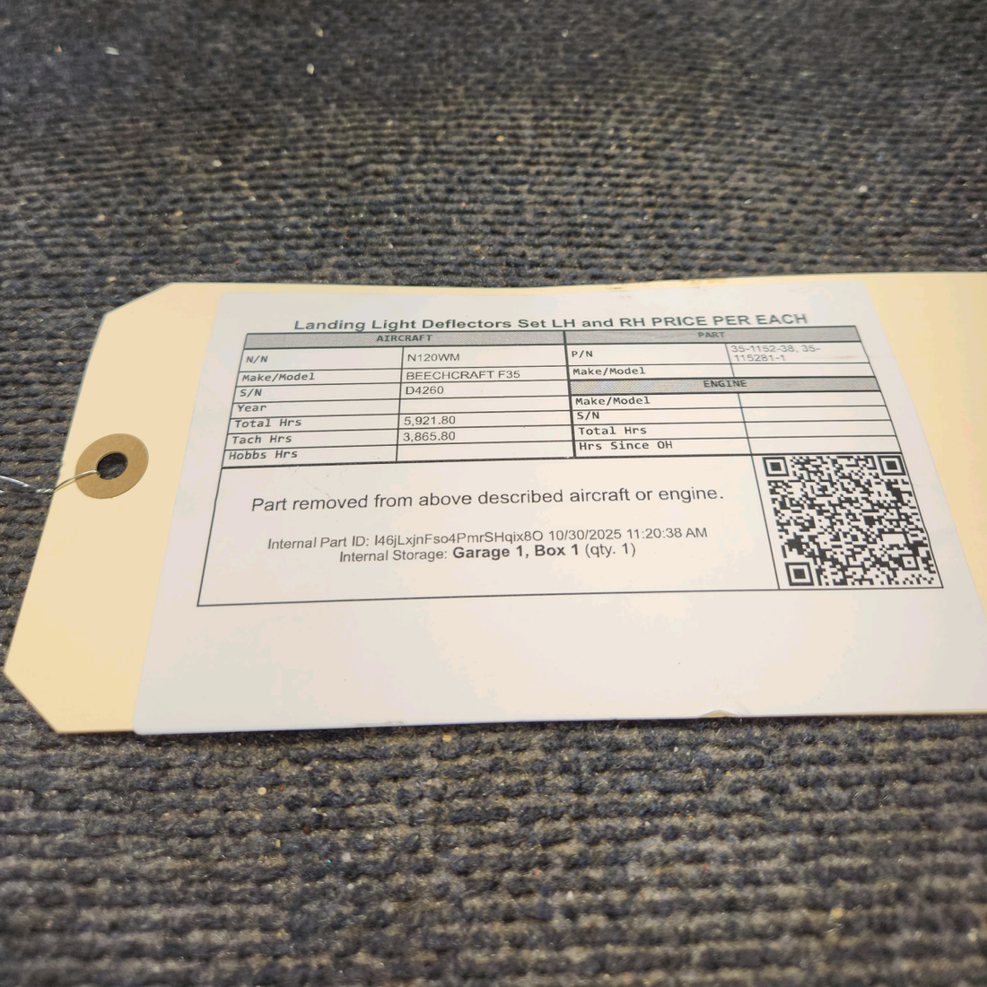 Used aircraft parts for sale, 35-115238, 35-115281-1 BEECHCRAFT F35 Landing Light Deflectors Set LH and RH